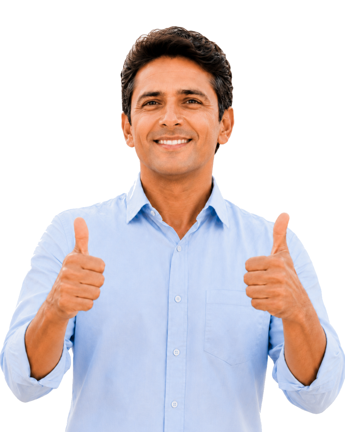 Candidato de campanha sorrindo com camisa azul